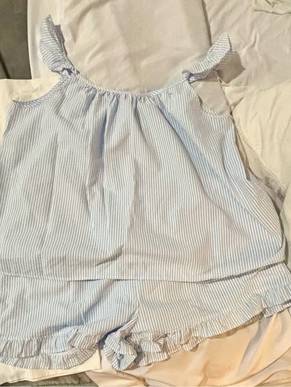 Women’s Light Blue Seersucker Ruffle Tank Top and Matching shorts PJs